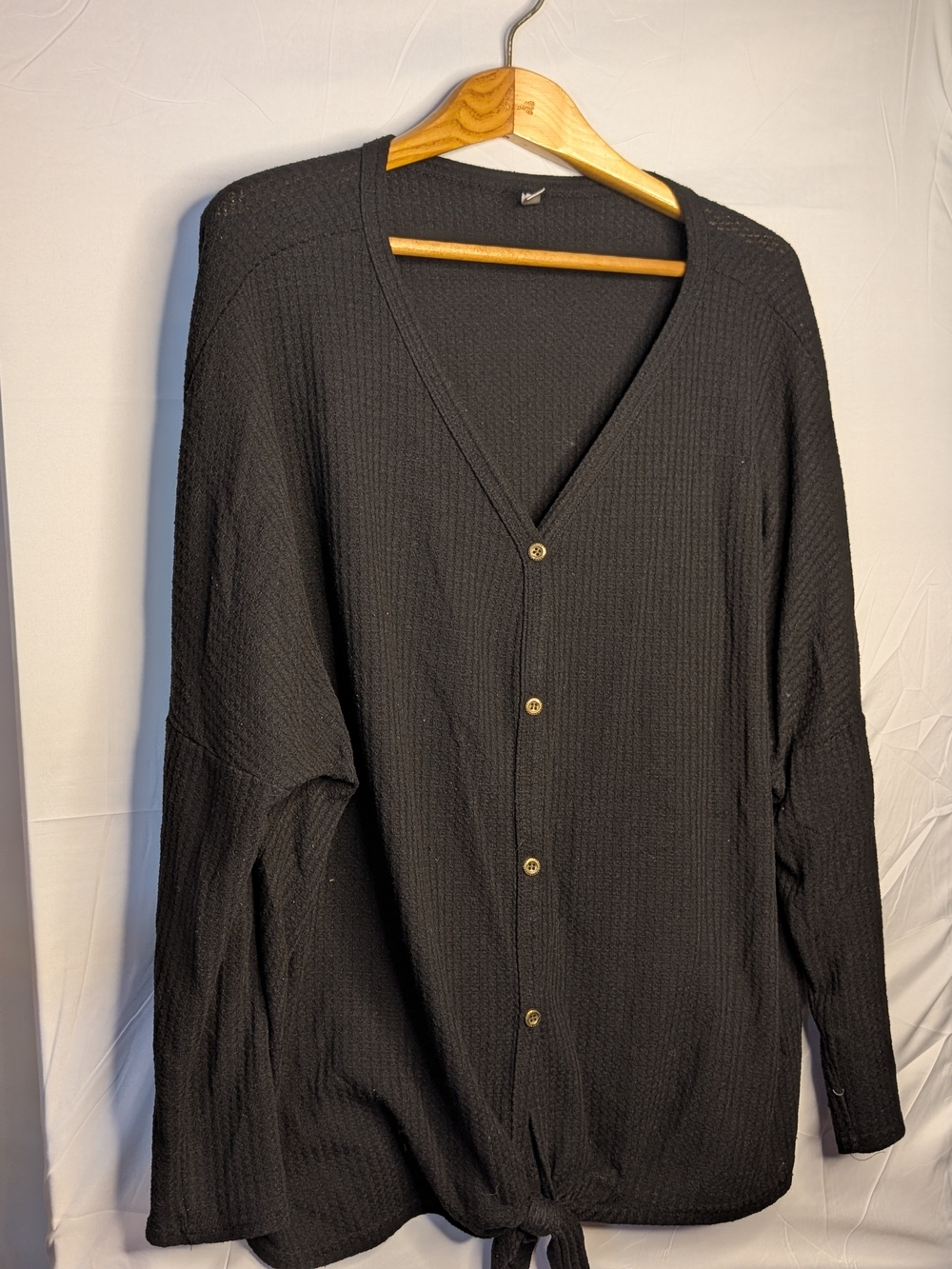 OLRIK Black Waffle Knit Tie Front Button Up Top Plus Size 4X